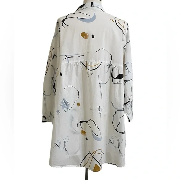 BUYKUD White Cotton Tunic Button Down Top Abstract Artsy Print Flowy Fit Medium - Picture 8 of 12